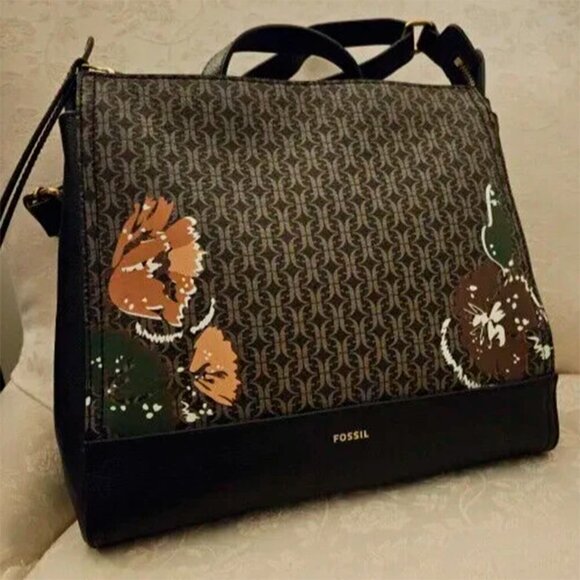 S Fossil Elina Convertible Black Brown Floral Logo Backpack SHB2999979 NWT $180